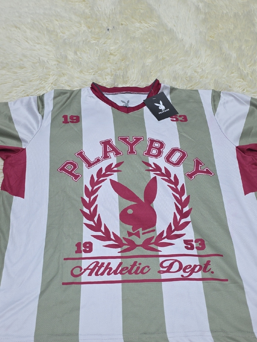 PLAYBOY Olive & White Striped Tee with Burgundy Logo